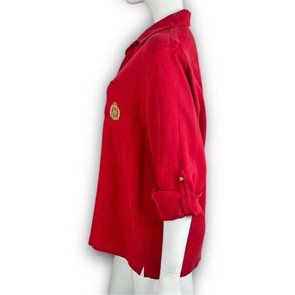 NWOT LAUREN RALPH LAUREN Vtg Embroidered Crest Roll Tab Silk Button Up Shirt Red - Picture 8 of 14